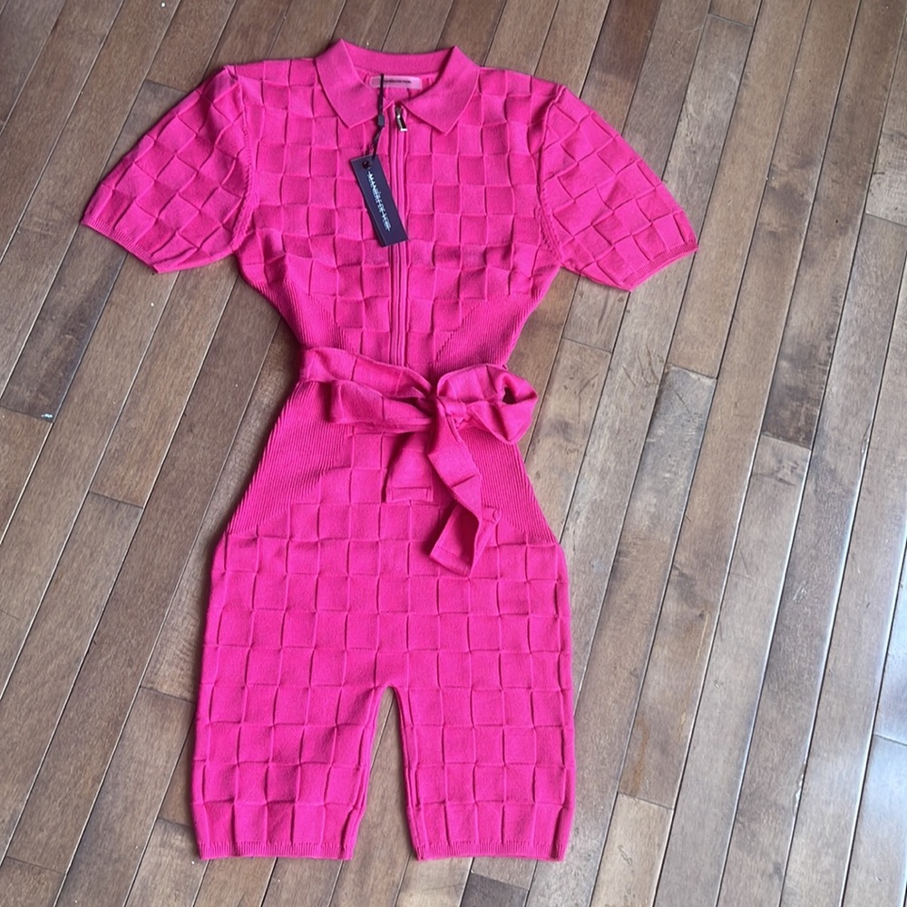 Maniere De Voir pink one piece shorts body suit checkerboard.